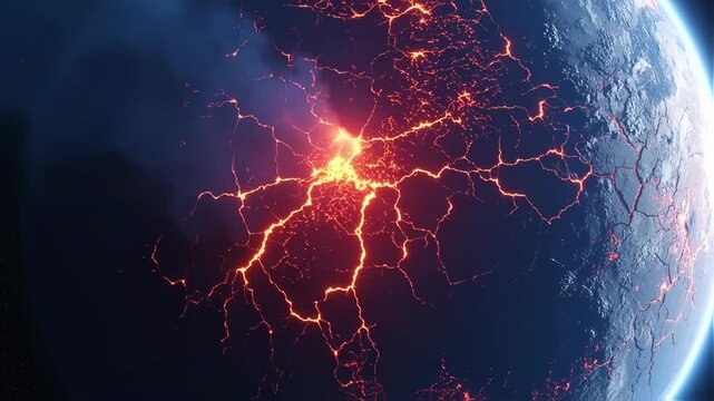 cinematic visualization of a planet undergoing catastrophic geological transformation featuring magma flows and tectonic plate shifting sequences