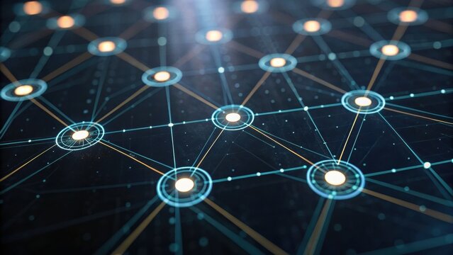 A digital network visualization featuring interconnected nodes and lines, representing data flow and technology themes.
