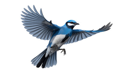 A vibrant blue jay in mid flight with wings spread wide against a stark black background
