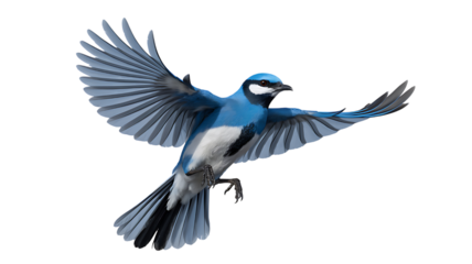 A vibrant blue jay in mid flight with wings spread wide against a stark black background