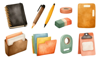 Isolated Art Collection of Stationery Items with Colorful Background Elements