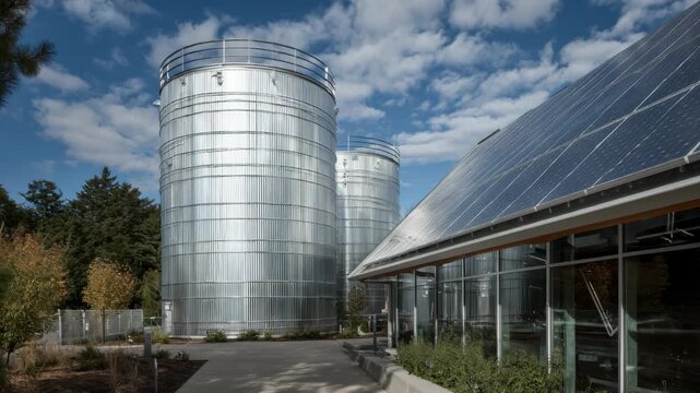 Medium shot focused on a zeroenergy building featuring thermal energy storage tanks at the side emphasizing innovative energy conservation and ecofriendly technology.