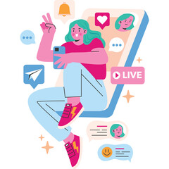 Young Woman With Teal Hair Wearing Pink Shirt And Blue Jeans Holding A Smartphone Showing Live Stream And Social Media Icons With A Transparent Background And Sparkle Effects