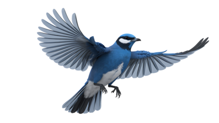 Majestic blue jay in mid flight with wings spread wide against a solid black background