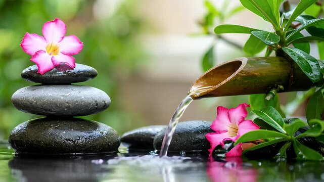 Zen stones bamboo fountain with pink flower water feature still life