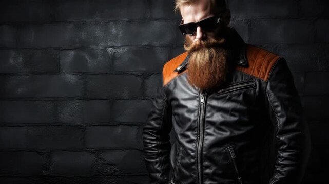Stylish man with a beard and sunglasses poses against a dark brick wall