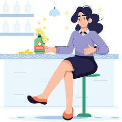 Young Woman Sitting At Bar Counter Holding Dispenser With Bubbles And Yellow Sparkles Showing Thumb Up With Blue Background And Shelf With Bottles