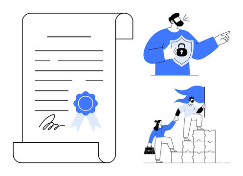 Scroll with seal, secure shield emblem, teamwork figures climbing steps with flag. Ideal for certification, cybersecurity, collaboration, leadership, success trust achievement. Simple flat metaphor