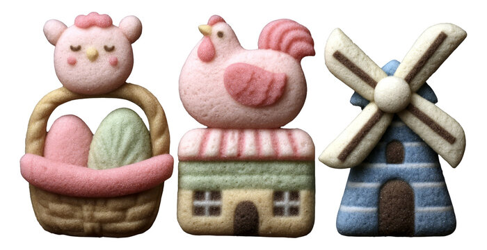 Cute pastel decorative elements featuring a bird, house, and windmill in soft colors