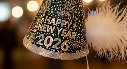 Happy New Year 2026 Party Hat Bokeh Lights.