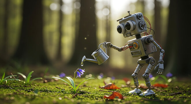 A whimsical robot waters a delicate flower in a serene forest setting - Powered by Adobe