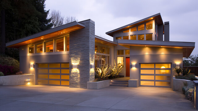 Exterior of upscale modern home with illuminated windows at twilight