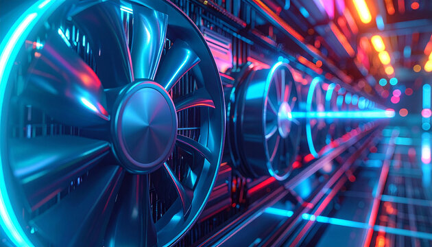 Technology and Innovation: High-tech fans, radiating blue light in a futuristic environment. Explore the innovative concept of technology. 