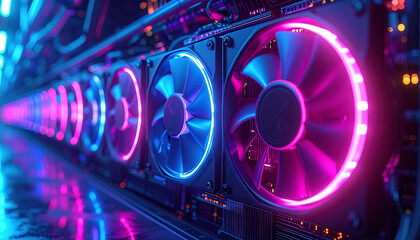 Tech's Electrifying Symphony: An array of high-tech cooling fans hum in unison, their vibrant neon lights casting an enchanting glow. The image celebrates innovation, and the digital era.