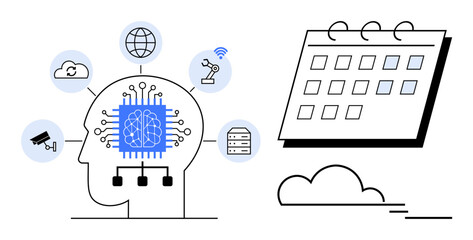 Human head with neural brain surrounded by icons for AI-driven technology thumbs up robotics, cloud, and surveillance plus adjacent calendar for scheduling. Ideal for AI, planning, automation, tech