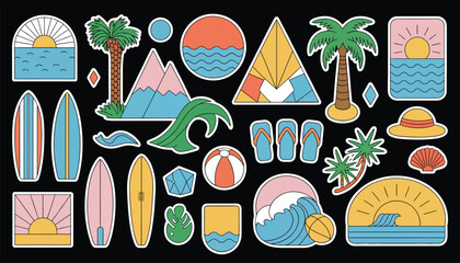 Retro Summer Beach Vacation Vector Stickers Vintage Travel Illustration Collection .