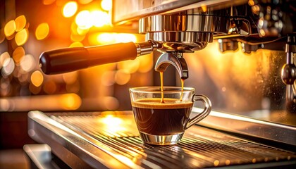 Freshly brewed, rich espresso pouring from a professional machine into a clear glass cup, set against a warm, inviting blurred background, showcasing the perfect coffee moment