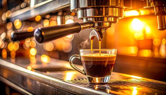 The art of coffee making, a perfect shot of hot espresso pouring from a professional machine into a clear glass cup in a cozy cafe