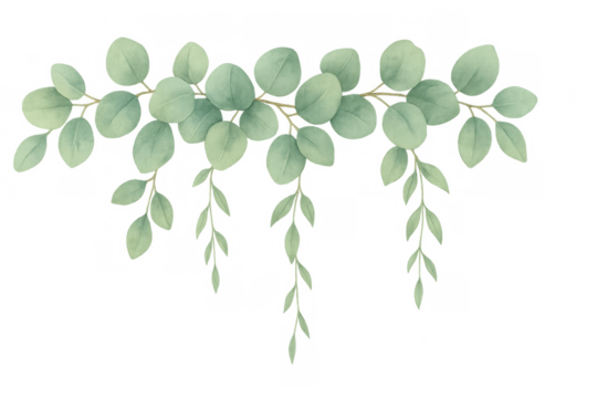 Eucalyptus leaves garland watercolor painting design. Botanical baby blue gum greenery twig decoration on transparent background