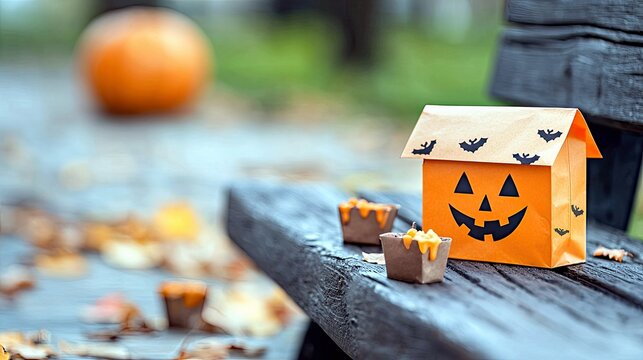 A festive Halloween scene featuring a jack-o'-lantern treat bag and candy cups on a rustic wooden bench, surrounded by fallen autumn leaves. - Powered by Adobe