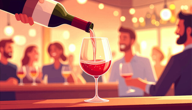 Pouring red wine at elegant social gathering. Celebration moment with fine red wine and friends. Close-up of red wine pour in festive evening. Elegant dinner party with glass of red wine