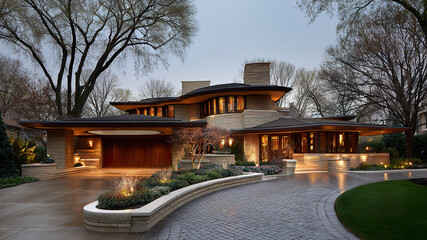 contemporary house with tiered levels and curved roofline at dusk
