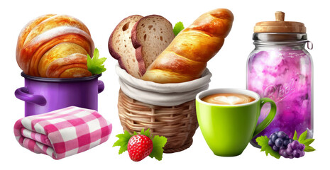 Fresh Bakery Items and Beverages Displayed on Isolated Background