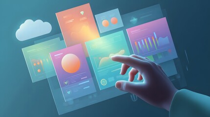 Digitally rendered illustration depicts a hand interacting with abstract graphical user interface elements against a gradient blue backdrop, featuring data visualization, cloud icon, and pastel color