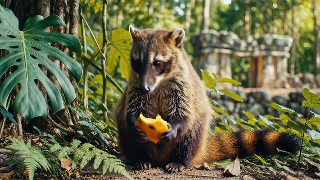 Curious coati savoring juicy orange slice in serene woodland setting, perfectly capturing concept of enjoying and curiosity, inviting buyers to evoke feelings of peacefulness and playfulness in.