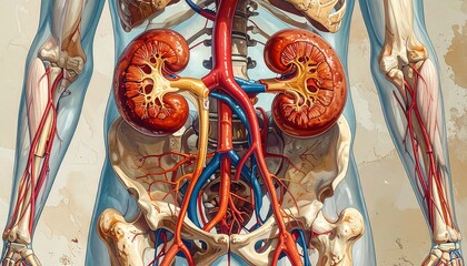 Anatomical illustration of human kidneys, veins, and skeletal structure