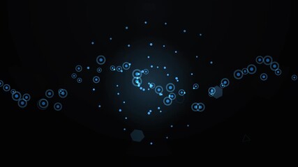 Abstract digital art featuring a swirling pattern of blue dots and concentric circles against a dark background - Powered by Adobe