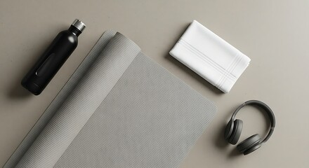 Clean and minimalist arrangement of essential fitness gear for a healthy, active lifestyle. Yoga mat, water bottle, towel, and headphones prepared for a mindful workout