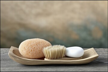 A loofah sponge, a bristly brush, and a bar of soap are arranged in a wooden dish on a textured surface, suggesting a spa or bathing ritual.