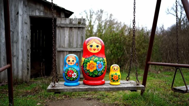 Colorful nesting dolls on a wooden swing set against natural background