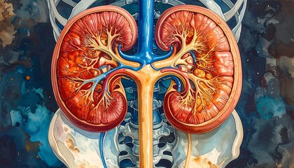 Anatomical illustration of the kidneys and surrounding skeletal structure