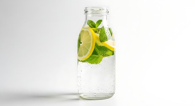 Refreshing water infused with lemon slices and mint leaves in a clear glass bottle, perfect for a healthy lifestyle