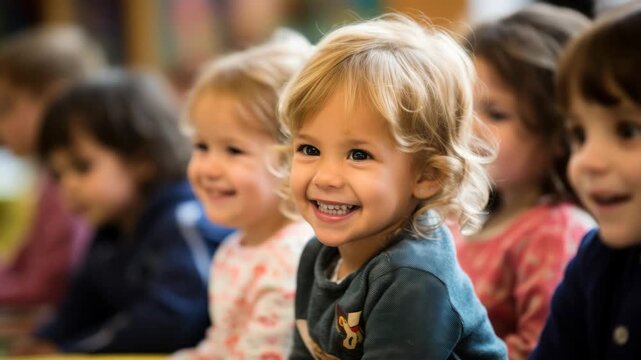 A heartwarming video scene of smiling children in a classroom, captured at eye level, showcasing joy and innocence in a candid style.