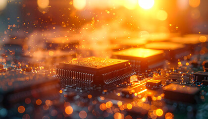 Digital Circuit Brilliance: A close-up view unveils the intricate dance of technological prowess with detailed circuit boards bathed in a radiant, sun-like glow.