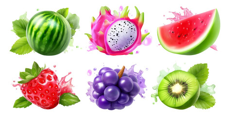 Colorful Isolated Fruits with Green Leaves on Transparent Background for Creative Projects