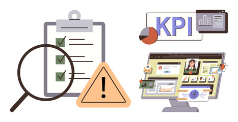 Checklist with magnifying glass, warning symbol, KPI charts, data screen analytics. Ideal for business, productivity, monitoring, tracking performance management corporate strategy. Simple flat