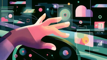 Human hand interacting with futuristic interfaces displays and holograms, presented with a colorful and digital illustration that creates the feeling of working with advanced technology inside a dark