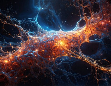Abstract, glowing network of orange and blue within dark space