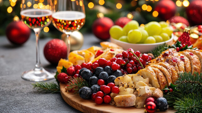 Christmas table with festive bread, berries, grapes, and wine glasses creates joyful holiday atmosphere with sparkling lights