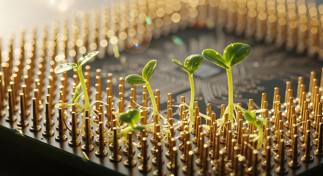 An image of technology with plants representing innovation, environmental awareness, and technological growth. The image portrays how technology meets environment