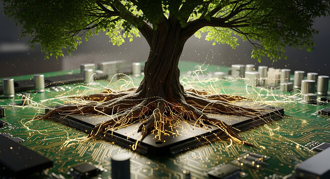 A tree with roots integrated into a circuit board, symbolizing the connection between nature and technology