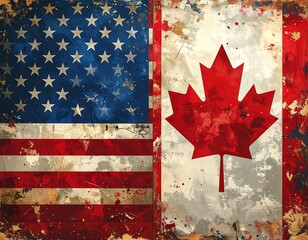 Artistic, aged depiction of the United States and Canada flags side by side