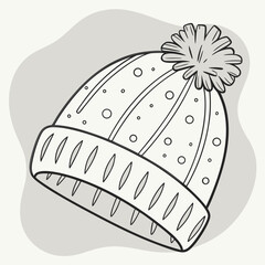 Outline Drawing of a Winter Beanie Hat with Pom on Grey Background winter hat knitted hat