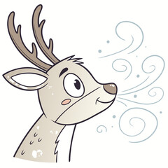 Cartoon Deer Exhaling Cold Air With Happy Expression On White Background character