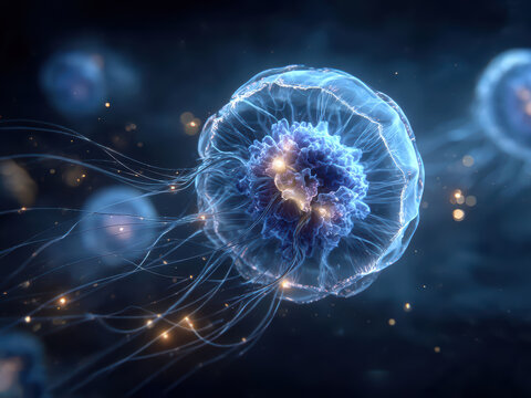 A luminous jellyfish, its tendrils pulsing with colorful light, swims amidst a dynamic field of smaller marine creatures in a dark blue oceanic environment The scene is characterized b - AI-Generated