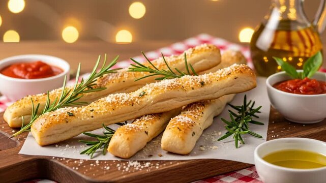 Italian breadsticks with herbs and dips on wooden board